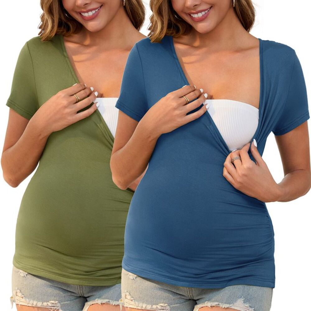 2 Pack Wrap V Neck Breastfeeding Stretch Maternity T-Shirt Army Green&Blue